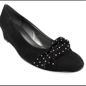 Stuart Weitzman Black Dotsun Suede Bow Low‎ Wedge Heels Shoes Black 7